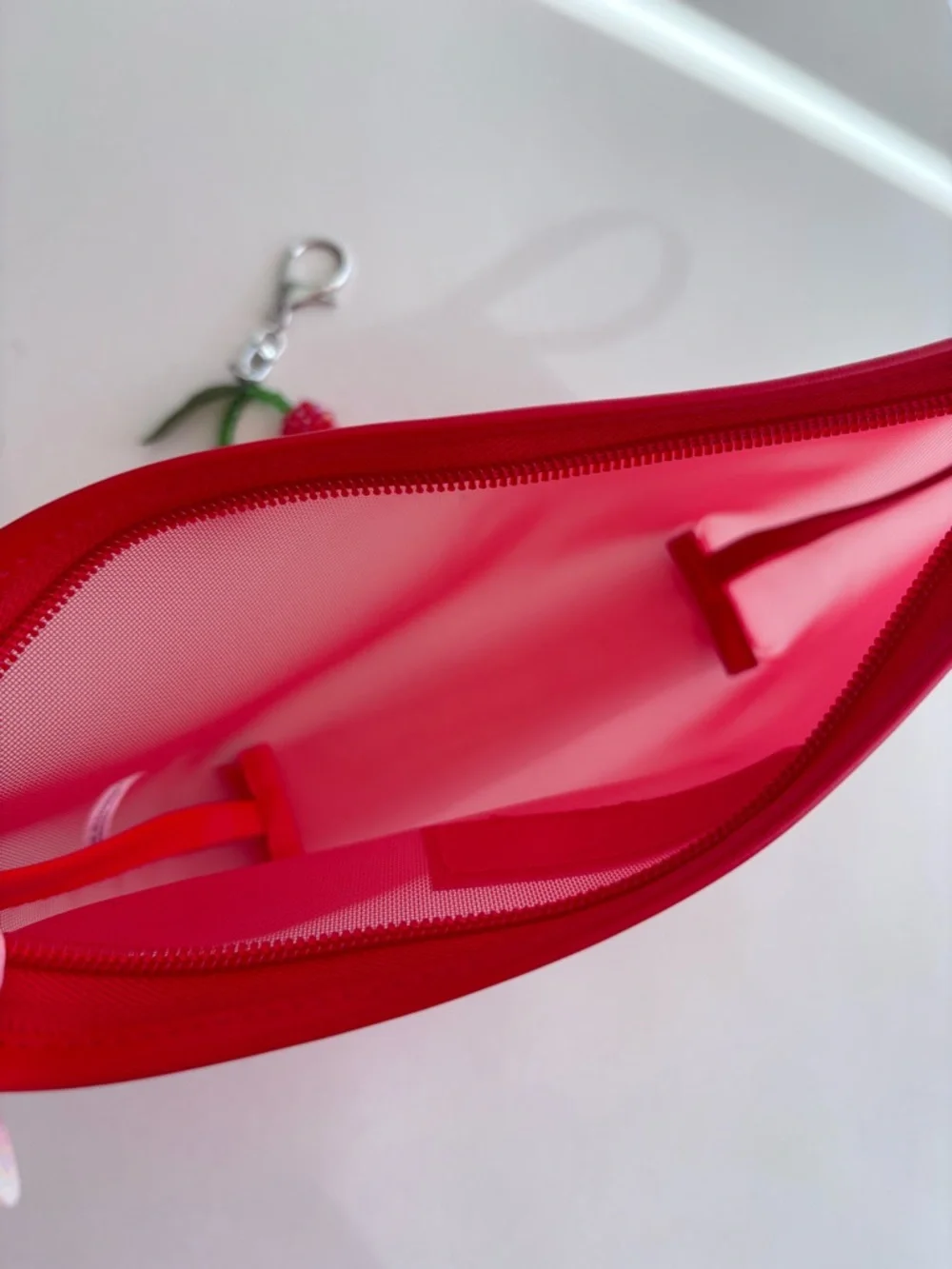 Nordstrom Beauty Bright Red Mesh Cosmetic Pouch with Wrist Strap and Cherry Char